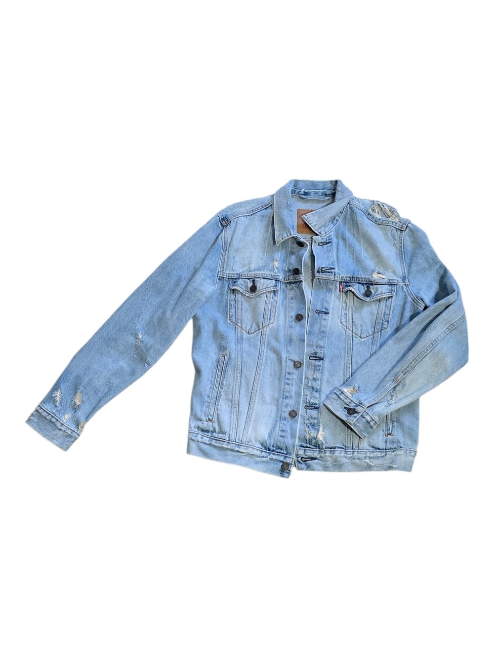 Levi's Jeans Jacket Size‎ Medium Mens Light Blue Distressed Denim Trucker Jacket
